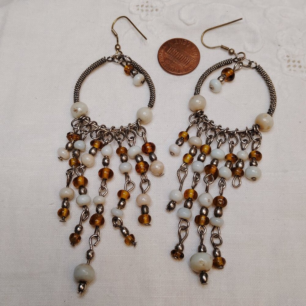 Vintage Boho Chandelier Earrings – White Milk Glass & Amber Foil Glass